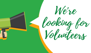 megaphone with words 'we're looking for volunteers' coming out speaker