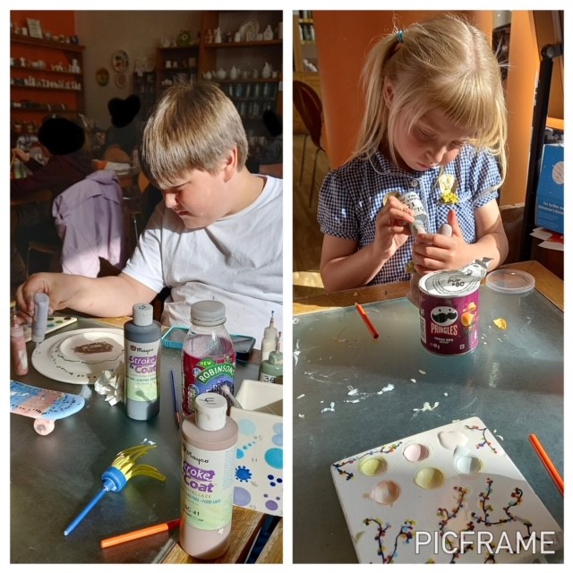 collage of two photos-boy painting the back of a plate and the girl painting a figure