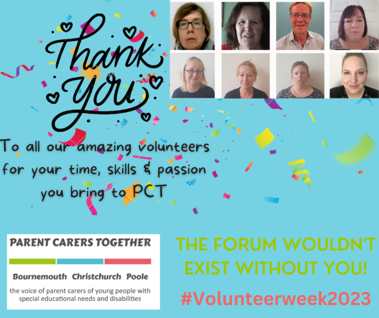 poster with images of our current volunteers faces and the words 'thank you to our amazing volunteers for your time, skills and passion'. our pct logo and the words 'this forum wouldn't exist with you! #volunteerweek2023'