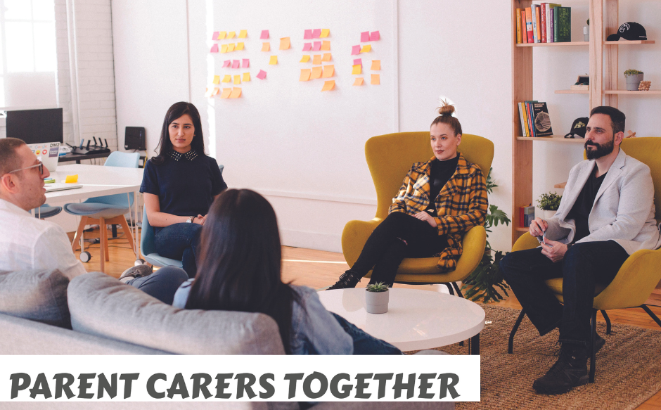 informal meeting with 5 people, mixed genders. text 'parent carers together' in bottom left of image