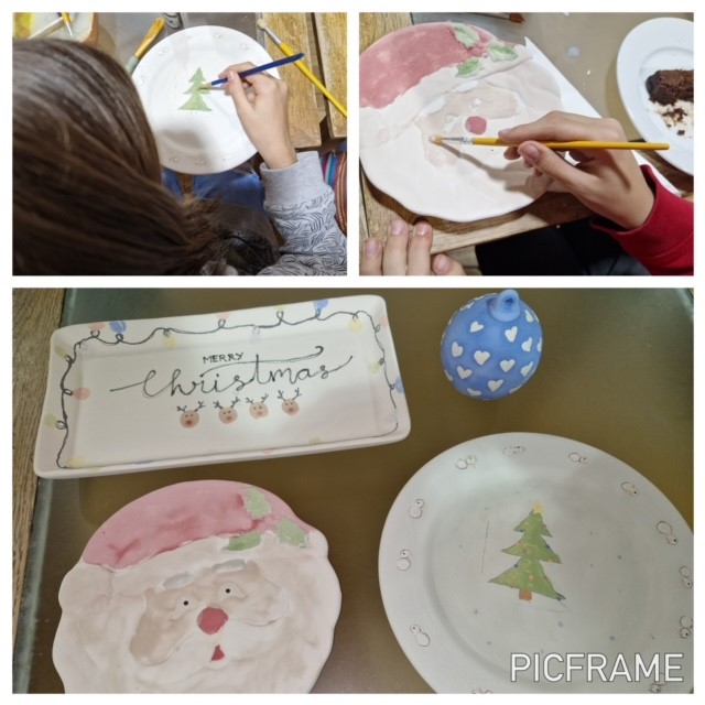 painted bauble and three Christmas themed plates